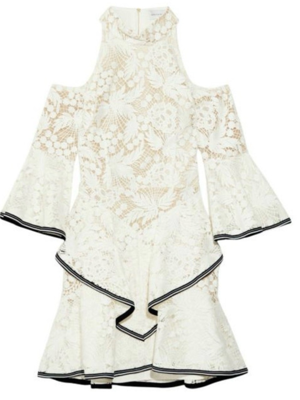 Rebecca Vallance White Lace Cold-Shoulder Ruffle Dress with Black Trim